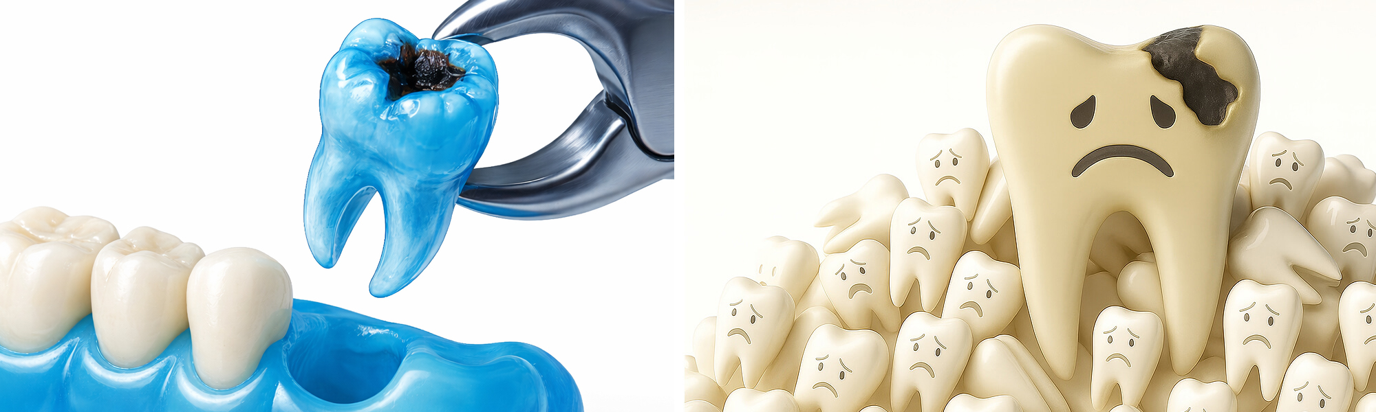 Illustration eines kariösen Zahns, der mit einer Extraktionszange aus dem Kiefer gezogen wird