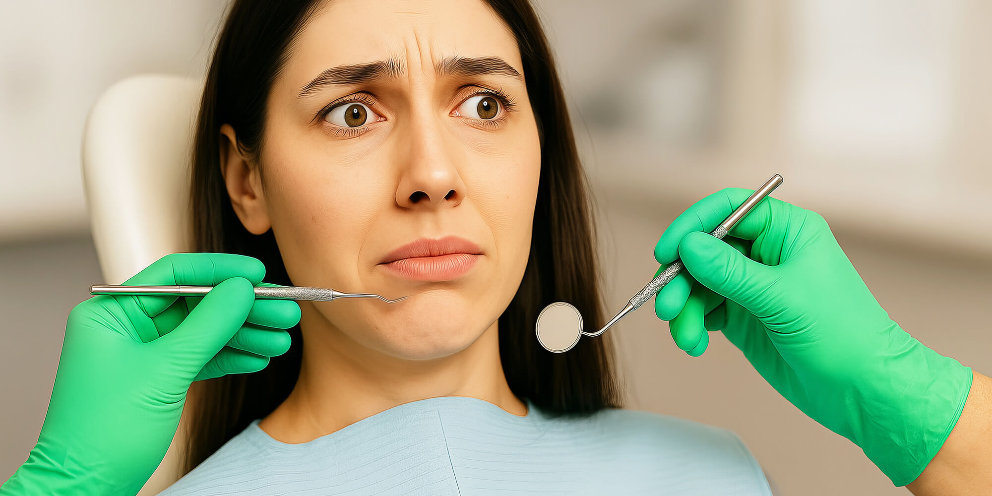 Besorgte Patientin im Zahnarztstuhl, mit ängstlichem Blick; zwei grün behandschuhte Hände halten Zahnspiegel und Instrument nah an ihr Gesicht.