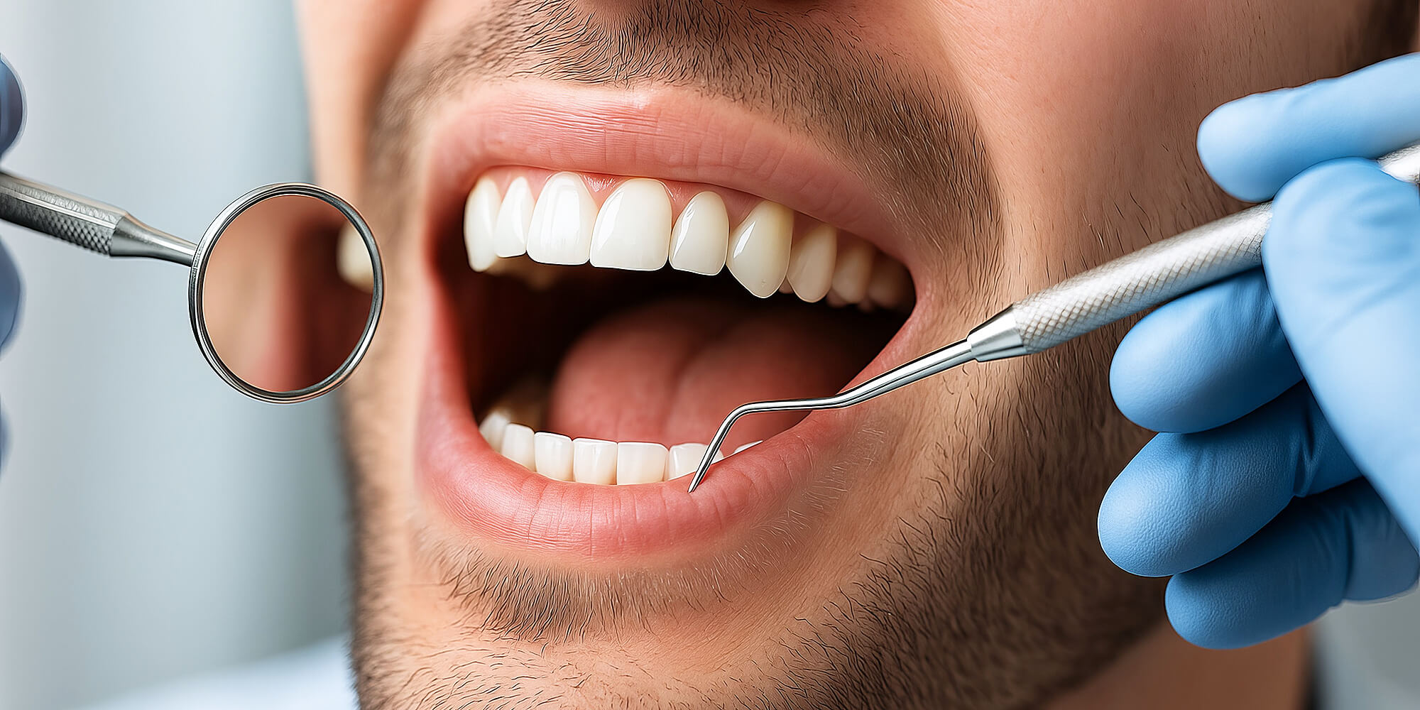 Nahaufnahme eines männlichen Mundes bei der Zahnuntersuchung; links Zahnarztspiegel, rechts Scaler, blaue behandschuhte Hände.
