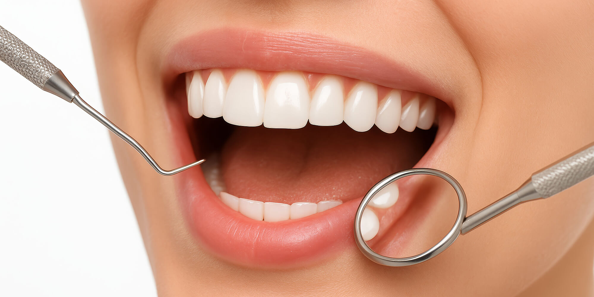 Nahaufnahme eines lächelnden Mundes mit weißen Zähnen; Zahnarztspiegel und Scaler während der Untersuchung.