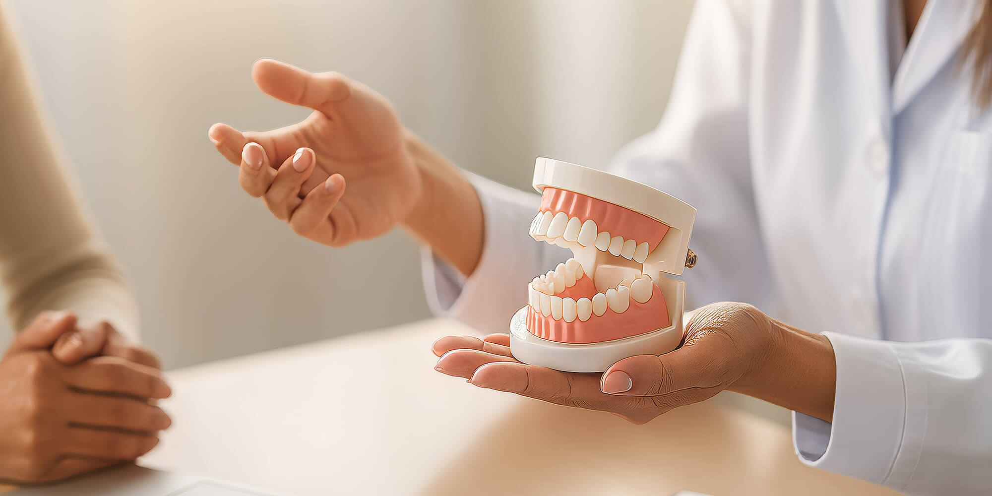 Zahnärztin hält ein Gebissmodell in der Hand und erklärt einer Patientin den Behandlungsablauf am Tisch.