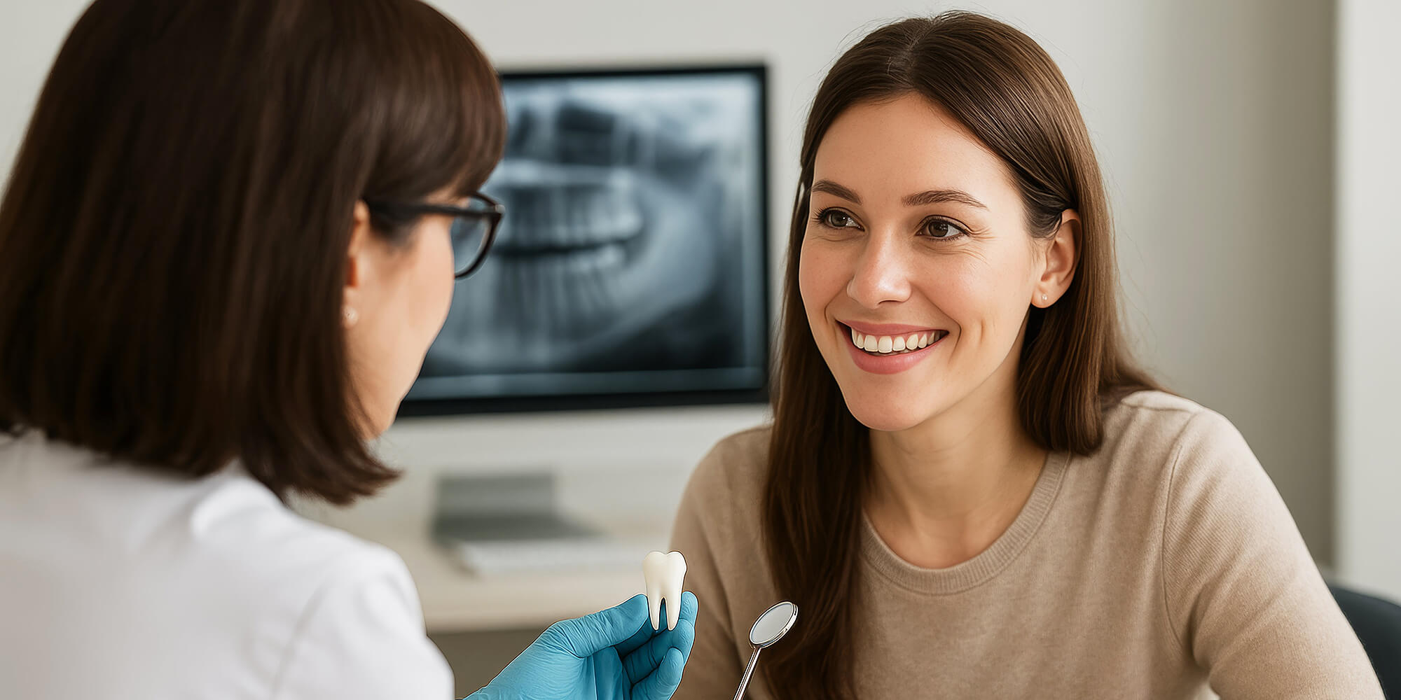 Zahnärztin erklärt einer lächelnden Patientin anhand eines Zahnmodells und Röntgenbilds im Hintergrund die Behandlung.