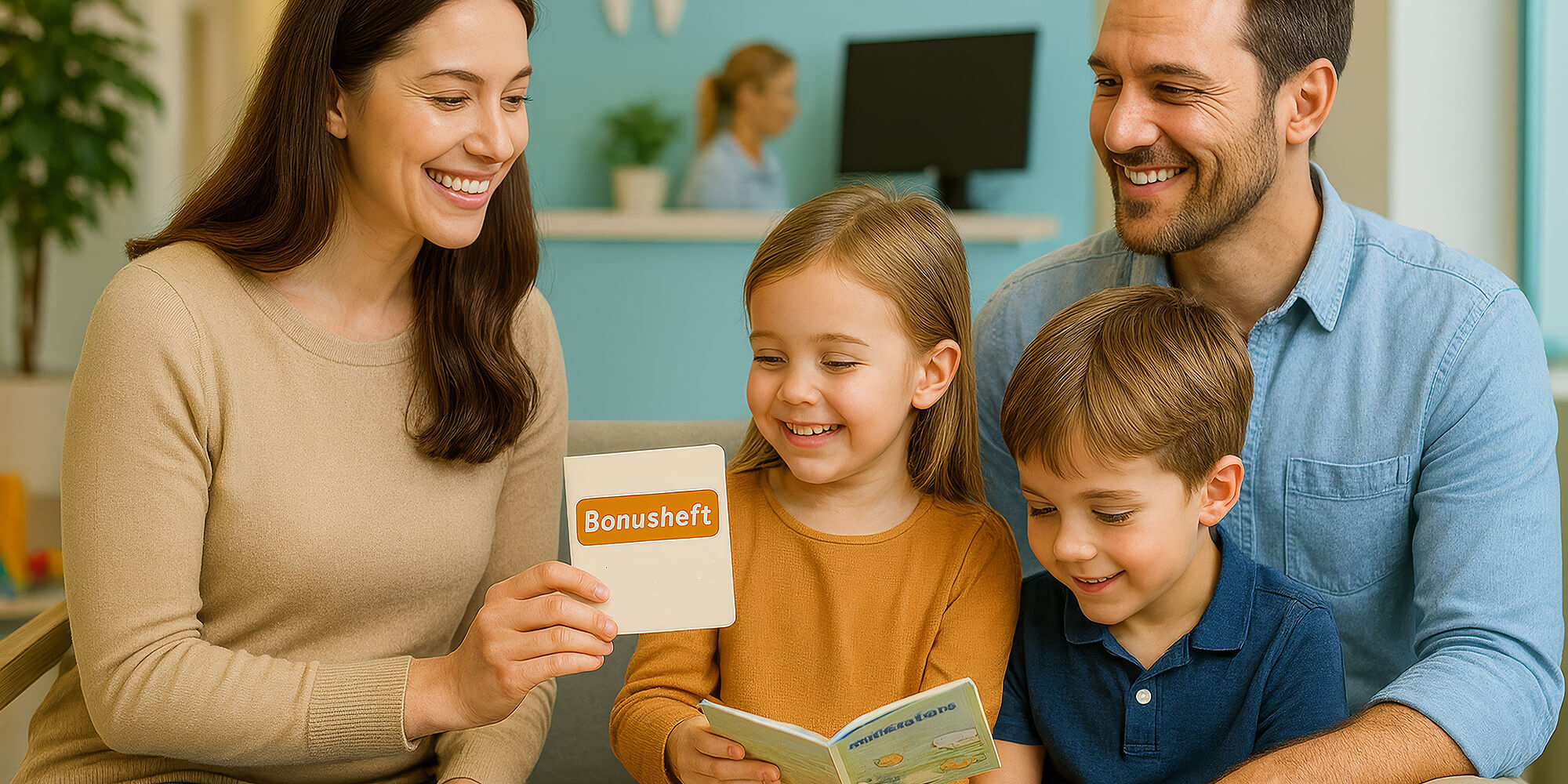 Lächelnde Familie mit zwei Kindern im Wartebereich einer Zahnarztpraxis; die Mutter zeigt ein Bonusheft für zahnärztliche Vorsorgeuntersuchungen.