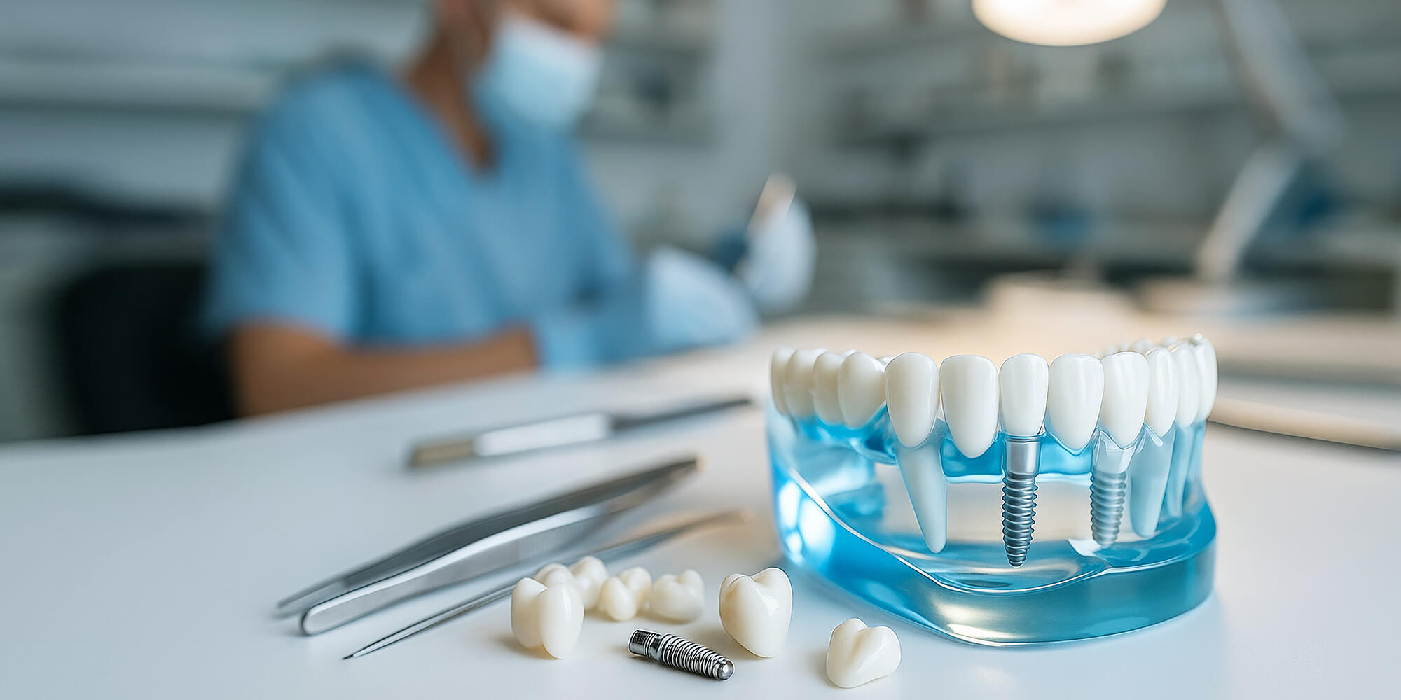 Künstliches Gebissmodell mit eingesetztem Zahnimplantat aus Metall, daneben Werkzeuge zur Zahntechnik.