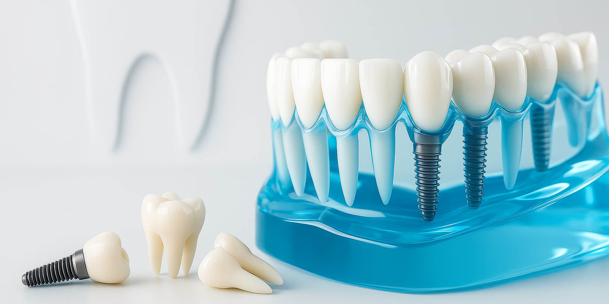 Blau-transparentes Zahnmodell mit eingesetzten Implantaten auf einem hellen Tisch; daneben künstliche Zähne und ein Implantataufsatz, im Hintergrund ein stilisiertes Zahn-Symbol an der Wand.