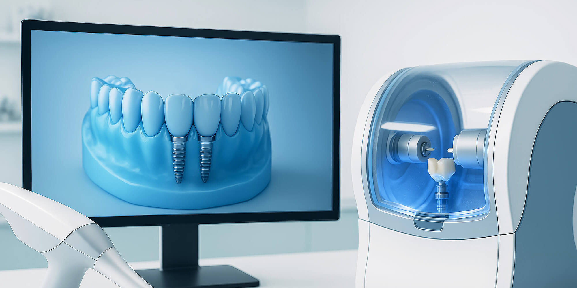 Zahnmedizinisches CAD/CAM-System: Auf einem Monitor wird ein 3D-Modell eines Gebisses mit zwei Implantaten angezeigt; daneben eine Fräsmaschine, in der eine künstliche Zahnkrone gefertigt wird.