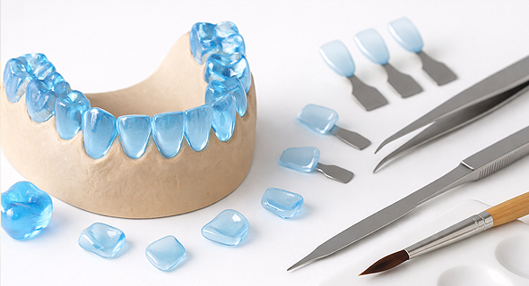 Zahntechnischer Arbeitsplatz mit Gipsmodell eines Gebisses, mehreren Keramikveneers, Farbmustern und feinmechanischen Werkzeugen.