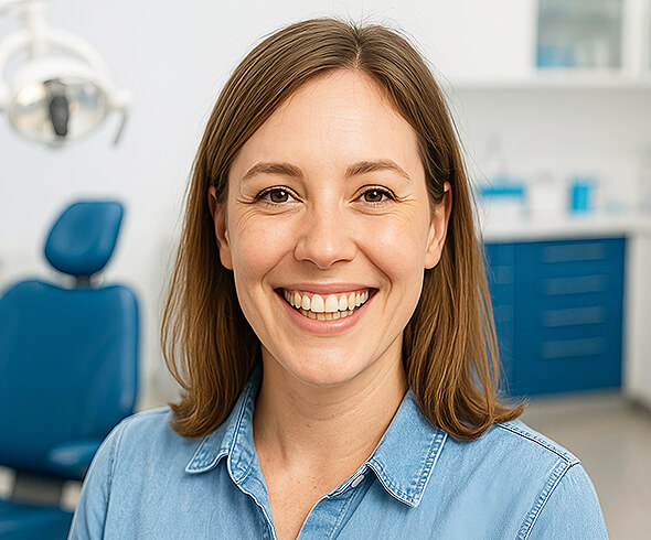 Junge Frau mit offenem, freundlichem Lächeln sitzt in einer modernen Zahnarztpraxis.