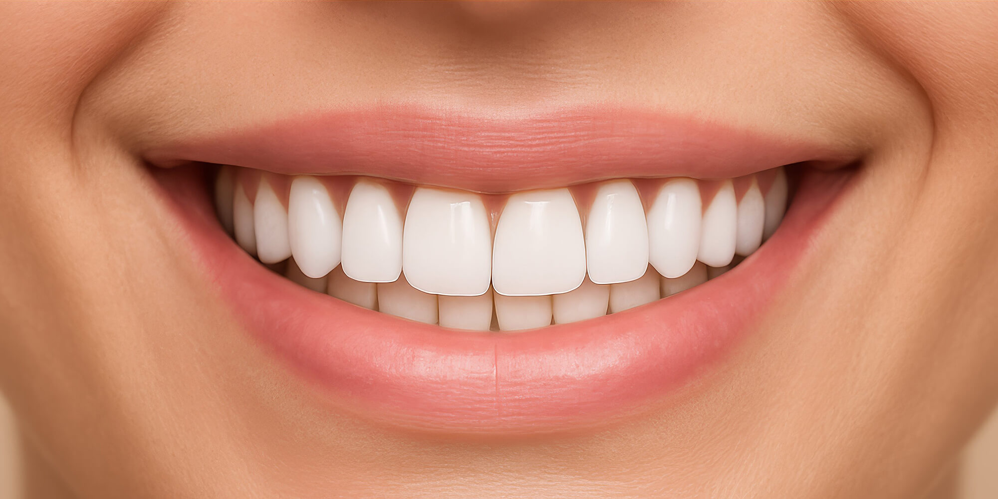 Detailaufnahme eines strahlenden Lächelns mit weißen Zähnen und gepflegten Lippen.