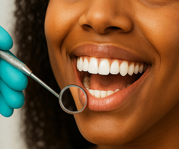 Frau mit offenem Lächeln bei einer Zahnuntersuchung, zahnärztlicher Spiegel im Vordergrund.