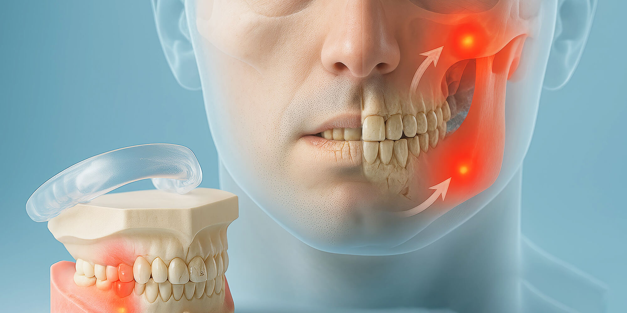 Grafische Darstellung eines Gesichts mit sichtbarem Kiefergelenk, roten Schmerzpunkten und Aufbissschiene im Vordergrund.