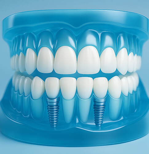 Transparentes blaues Gebissmodell mit zwei sichtbaren Zahnimplantaten im Unterkiefer.