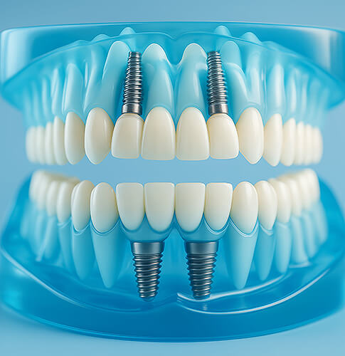 Gebissmodell aus transparentem blauem Kunststoff mit Zahnimplantaten im Ober- und Unterkiefer.