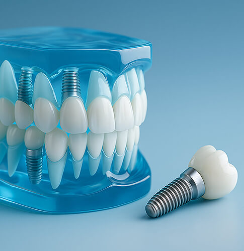 Zahnmodell mit sichtbaren Implantaten und einer herausliegenden künstlichen Zahnkrone auf blauem Hintergrund.