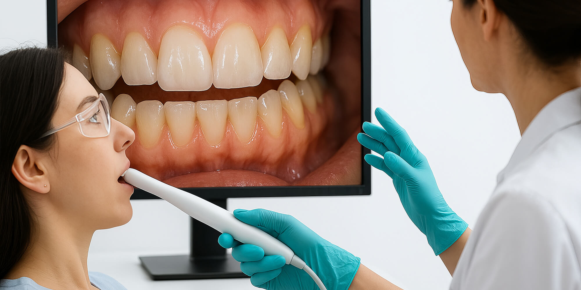 Zahnärztin untersucht mit einer intraoralen Kamera den Mund einer Patientin; auf dem Monitor ist eine vergrößerte Aufnahme ihrer Zähne zu sehen.
