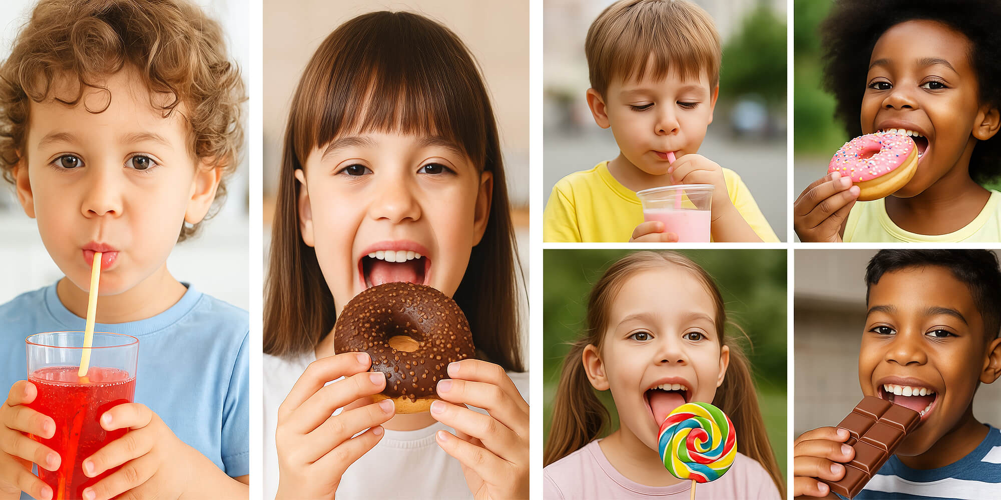 Collage mit Kindern, die süße Getränke und Schokolade konsumieren, daneben drei traurige Zahnfiguren auf Süßigkeiten.
