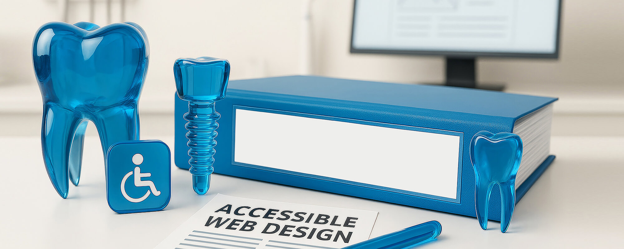 Blauer Aktenordner der auf einem Schreibtisch liegt, daneben sind aus blauen Glas grosse Zähne und ein Behinderheitssymbol