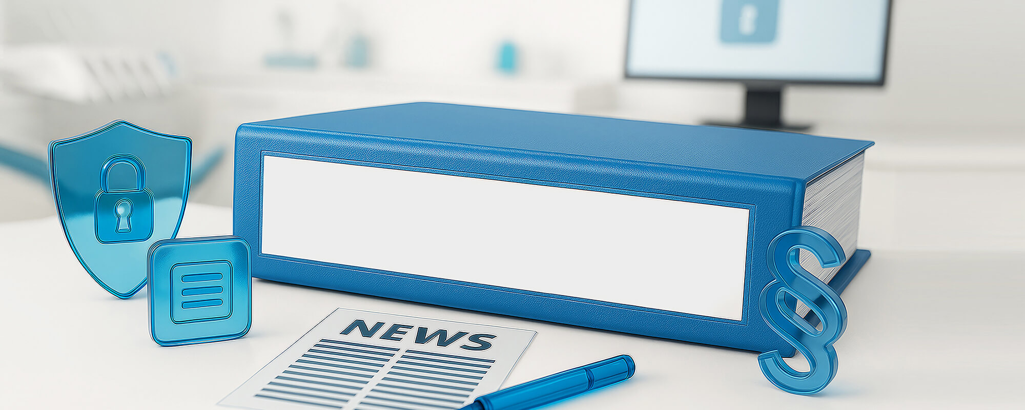 Blauer Aktenordner liegt auf einem Schreitisch, links daneben blaue Glaszähne, rechts ein Symbol aus blauen Glas