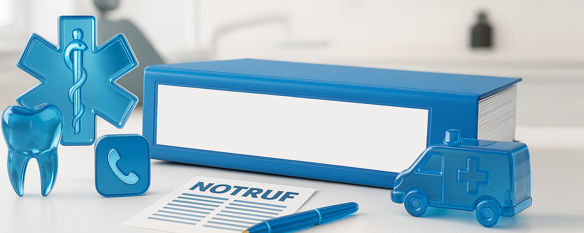 BlauerAktenordner der auf einem weissen Schreibtisch liegt