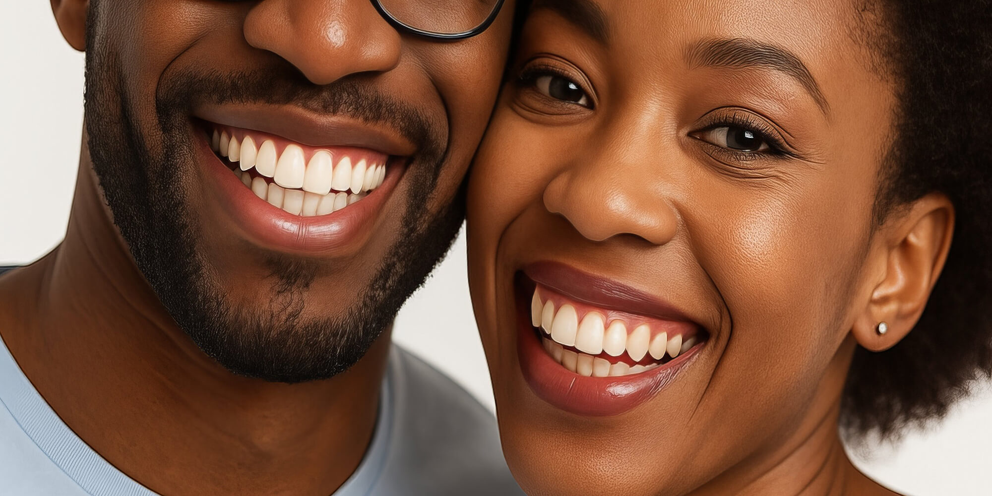 Ein Paar farbiges schaut in die Kamera und Lächelt, man sieht schöne Zähne