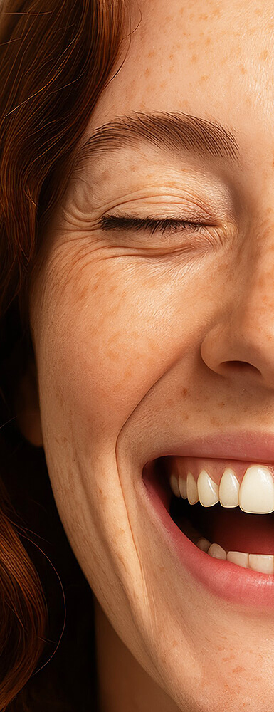 ahaufnahme der linken Gesichtshälfte einer lachenden Frau mit Sommersprossen; ein breites Lächeln zeigt gepflegte weiße Zähne.
