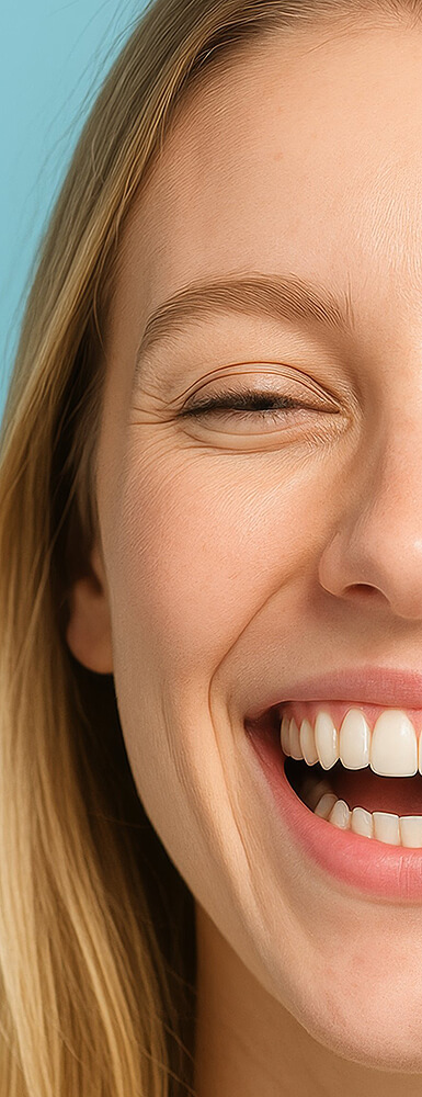 Nahaufnahme der linken Gesichtshälfte einer jungen Frau mit blondem Haar; sie lacht mit geschlossenen Augen und zeigt helle, gepflegte Zähne.