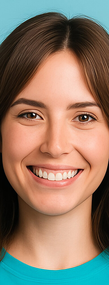 Junge Frau mit dunkeln Haaren, freundlich lächelnd vor hellblauem Hintergrund.