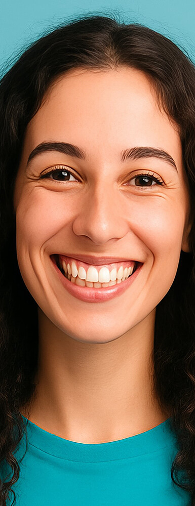 Lächelnder junge Frau mit kurzem dunklem Haar, blauer Hintergrund.