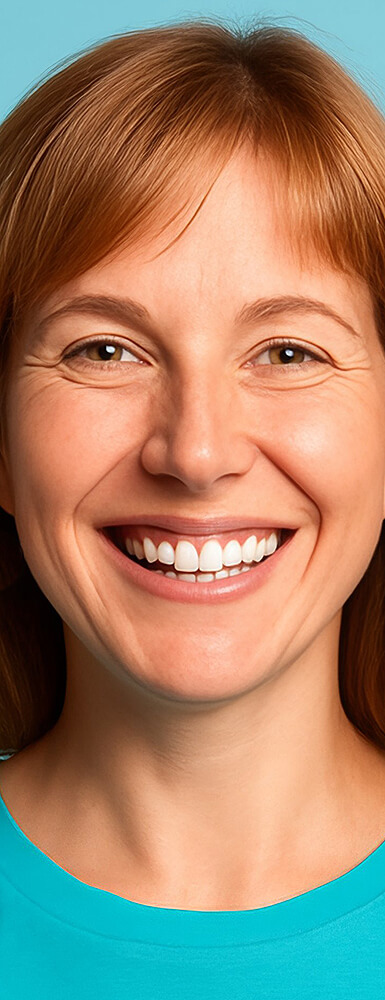 Junge Frau mit roten Haaren, freundlich lächelnd vor hellblauem Hintergrund.