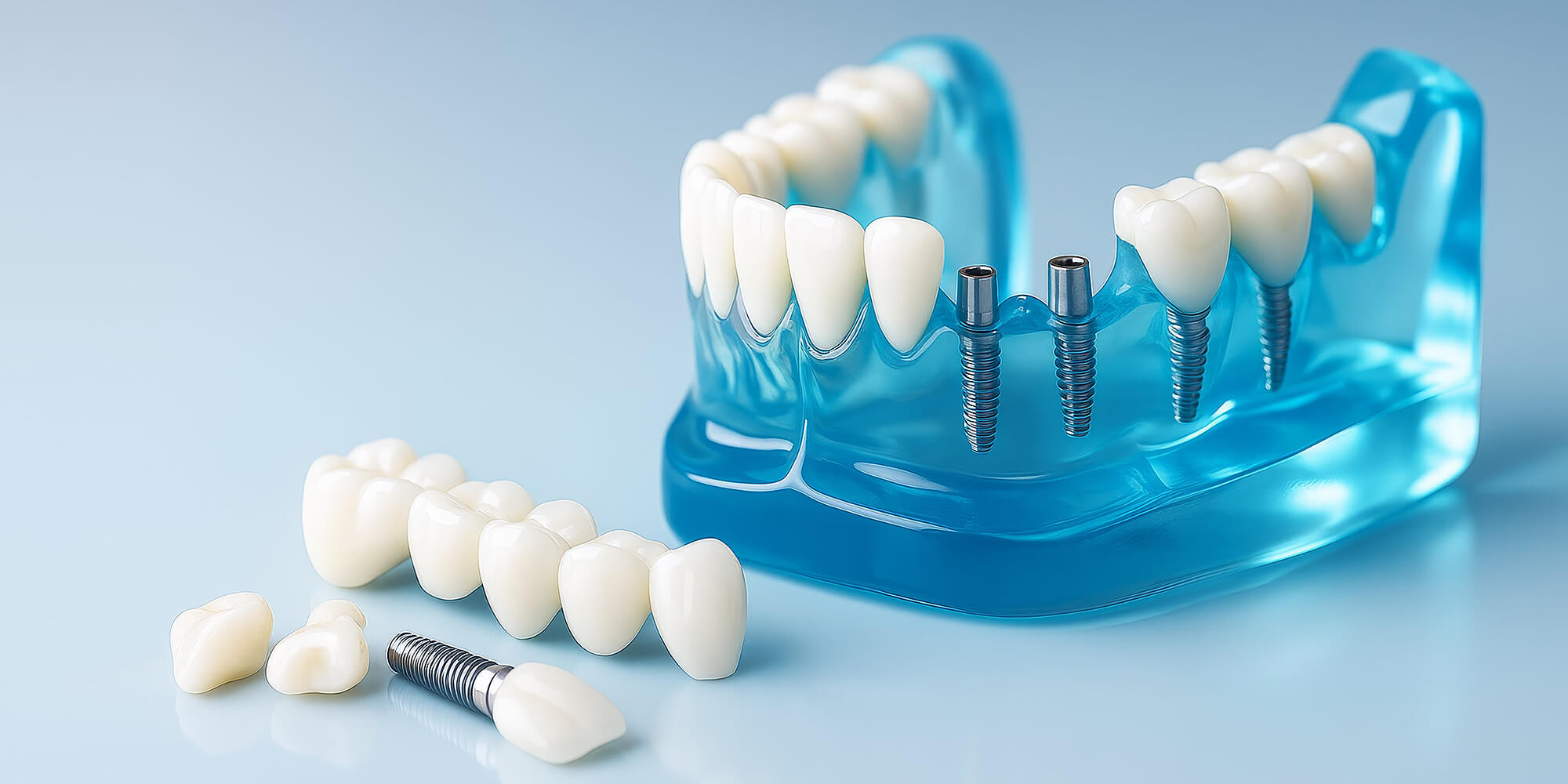 Zahnmodell mit blauer Basis und eingesetzten Implantaten – Symbol für Zahnersatz und Implantologie.