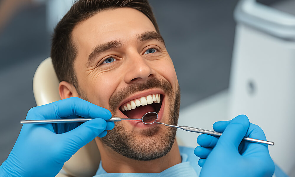 Patient während einer zahnärztlichen Untersuchung, Zahnärztin arbeitet mit Instrumenten im Mundbereich