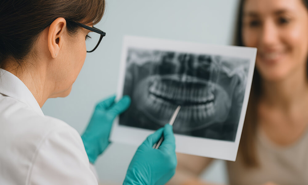 Familie mit zwei Kindern sitzt im Wartebereich einer Zahnarztpraxis und lächelt