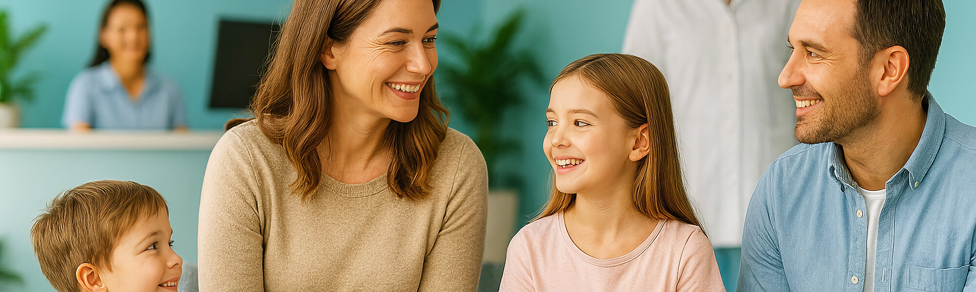 Familie im Warteraum einer Zahnarztpraxis, bestehend aus Mutter, Vater und Tochter, alle lächelnd.