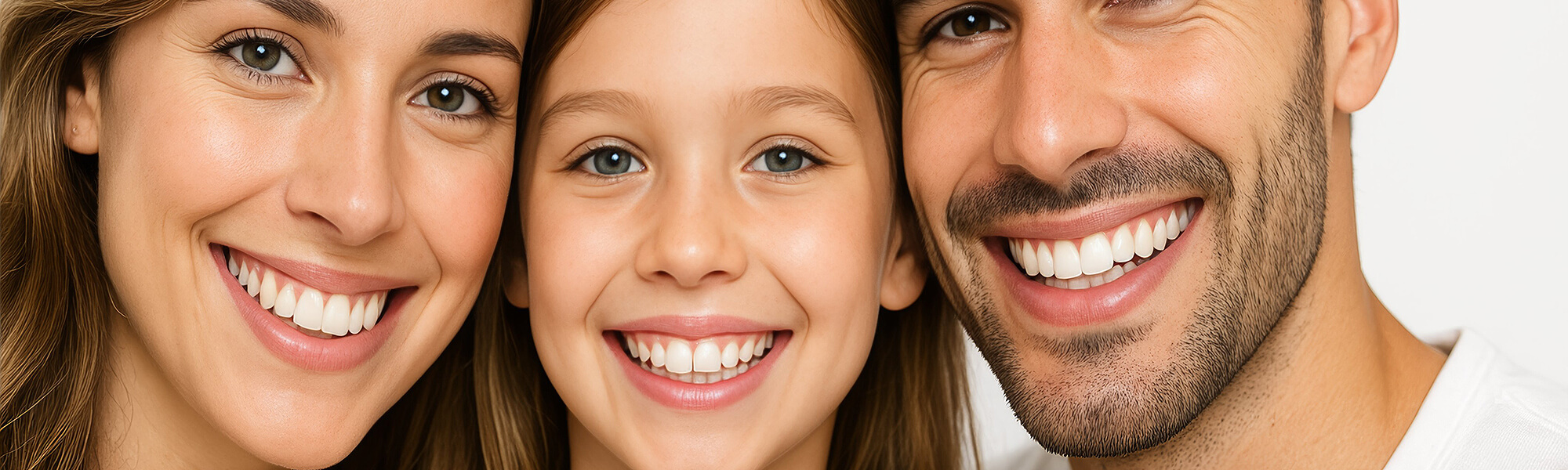Familie mit zwei Kindern lächelt gemeinsam in einer Zahnarztpraxis in die Kamera