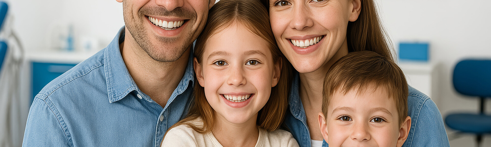 Familie mit zwei Kindern sitzt im Behandlungszimmer einer Zahnarztpraxis und lächelt.