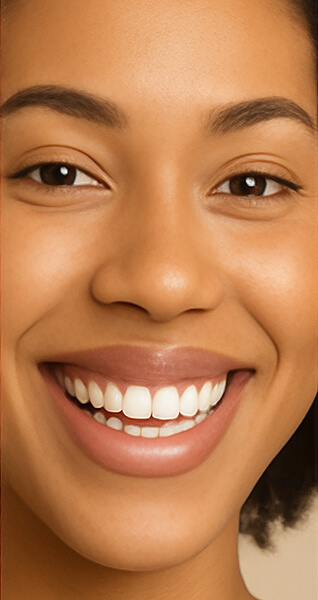 Nahaufnahme einer lächelnden Frau mit sichtbaren Zähnen.