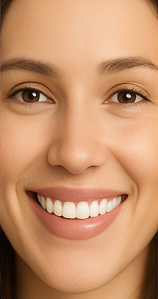 Nahaufnahme eines lächelnden Gesichts einer Person mit glatten Zähnen und natürlicher Haut.