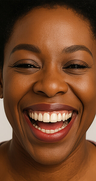 Nahaufnahme eines breiten Lächelns einer Person mit sichtbaren Zähnen und leichtem Make-up.