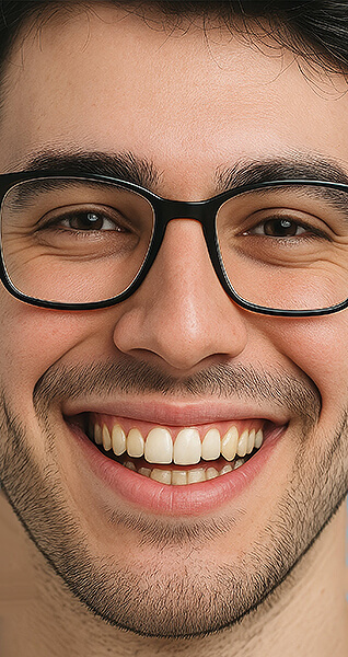 Nahaufnahme eines lächelnden Gesichts einer Person mit Brille und Bartansatz.