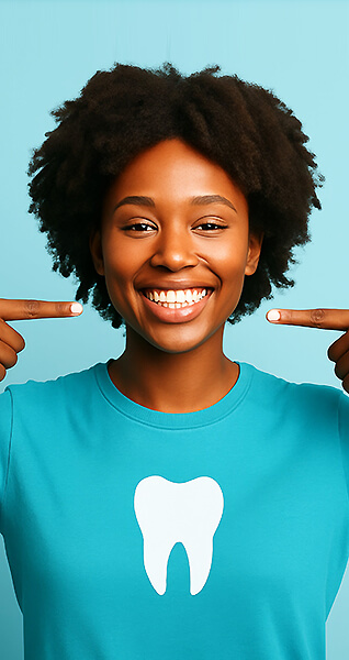 Junge Frau zeigt mit beiden Händen auf ihr Lächeln und trägt ein Shirt mit Zahn-Symbol.