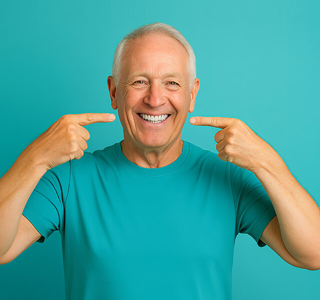Lächelnde Person zeigt mit beiden Händen auf ihre Zähne, trägt ein T-Shirt mit Zahn-Symbol, blauer Hintergrund.