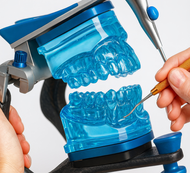 Transparentes Zahnmodell im Artikulator, das von einer Hand mit einem zahnärztlichen Instrument untersucht wird, zur Demonstration von Zahnstellung und Behandlung.