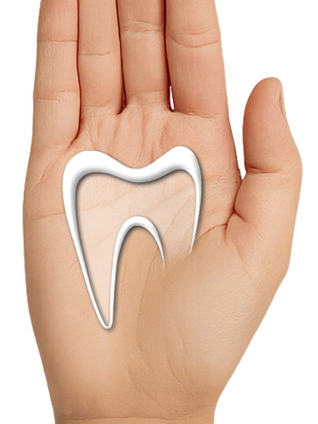 Eine offene Hand wo man ein Zahnlogo darin sieht.