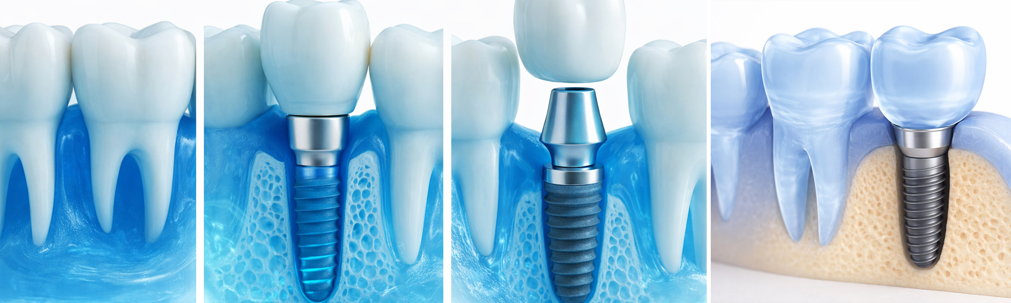 Grafische Darstellung eines Zahnimplantats im Kieferknochen mit eingesetzter Krone.