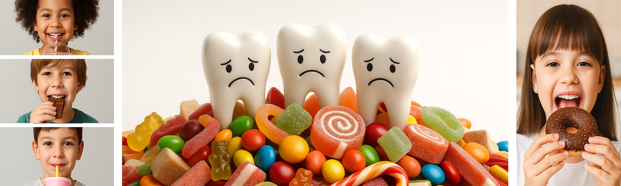 Collage mit Kindern, die süße Getränke und Schokolade konsumieren, daneben drei traurige Zahnfiguren auf Süßigkeiten.
