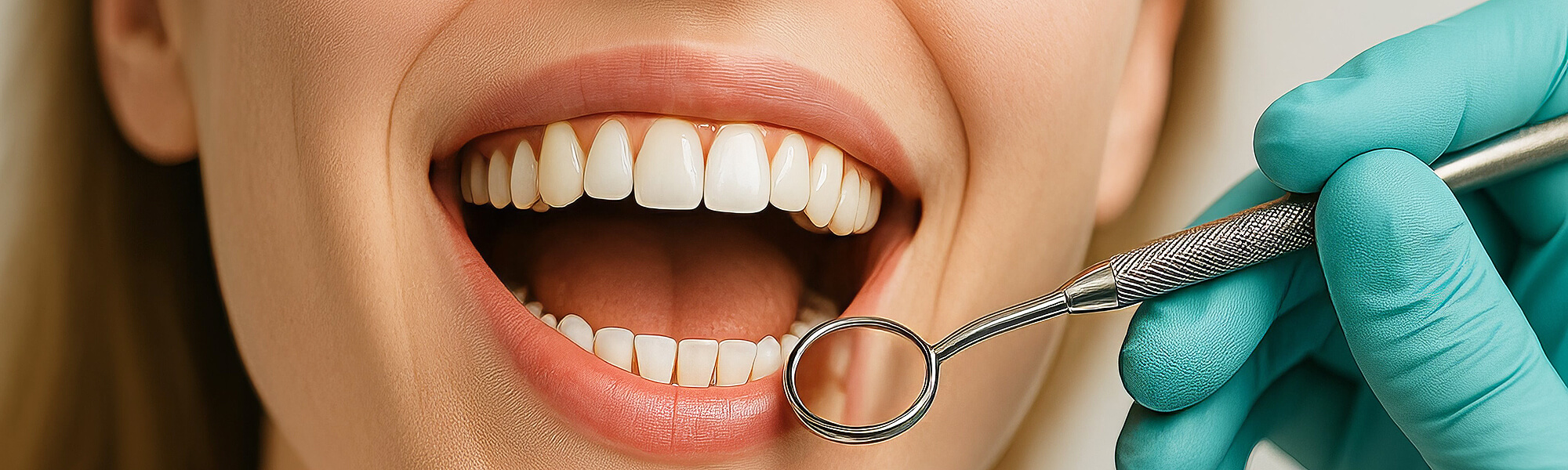 Nahaufnahme eines geöffneten Mundes während einer zahnärztlichen Kontrolle mit Dentalspiegel.