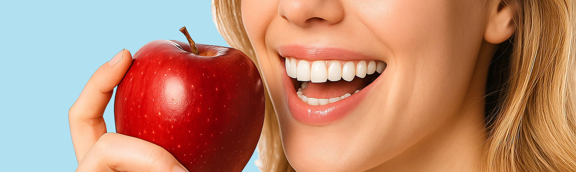 Nahaufnahme eines lächelnden Mundes, eine Hand hält einen roten Apfel davor.