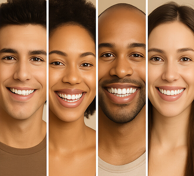 Vier lächelnde Erwachsene in einer Reihe, jeweils als Portrait nebeneinander dargestellt.