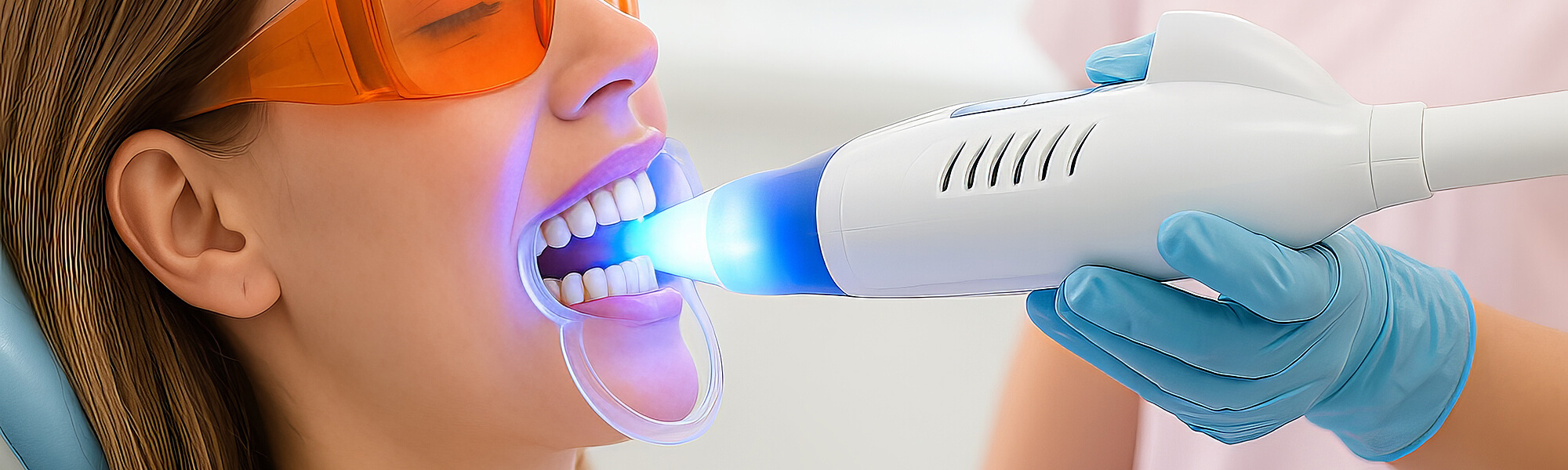 Patientin mit Schutzbrille, die eine professionelle Zahnaufhellung mit blauem LED-Lichtgerät erhält.