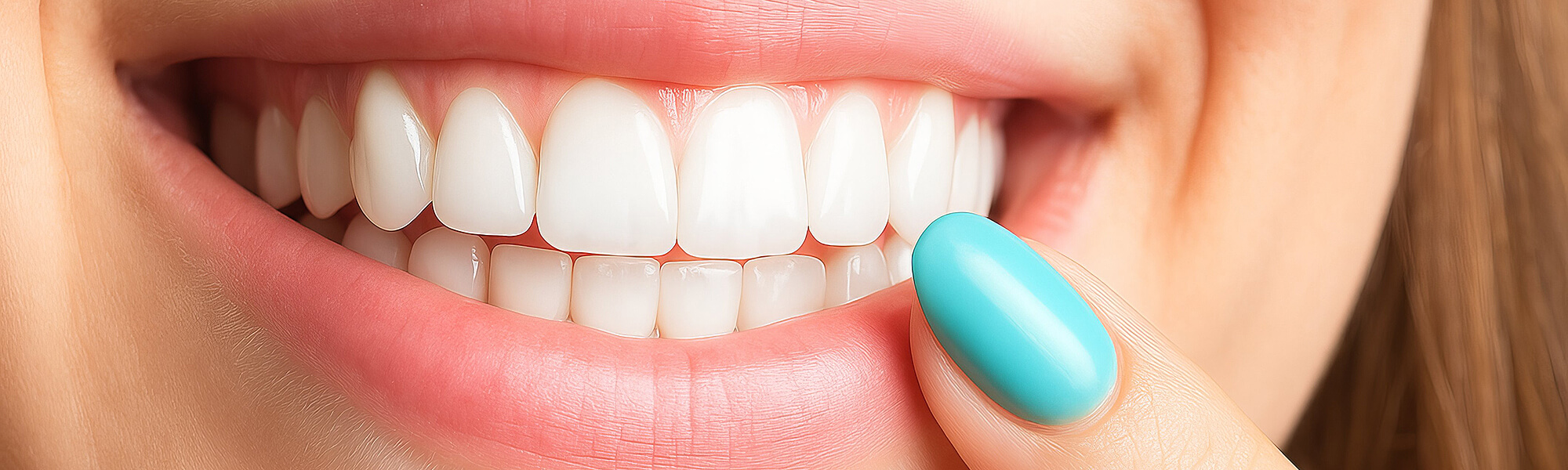 Nahaufnahme eines weißen, gepflegten Lächelns; eine Person zeigt mit einem Finger auf die Zahnoberfläche.
